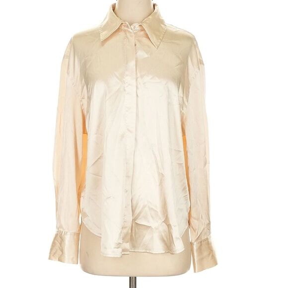 Daily Drills Champagne Button Down Long Sleeve Satin Resort Top Size XS/Sm - Picture 2 of 7